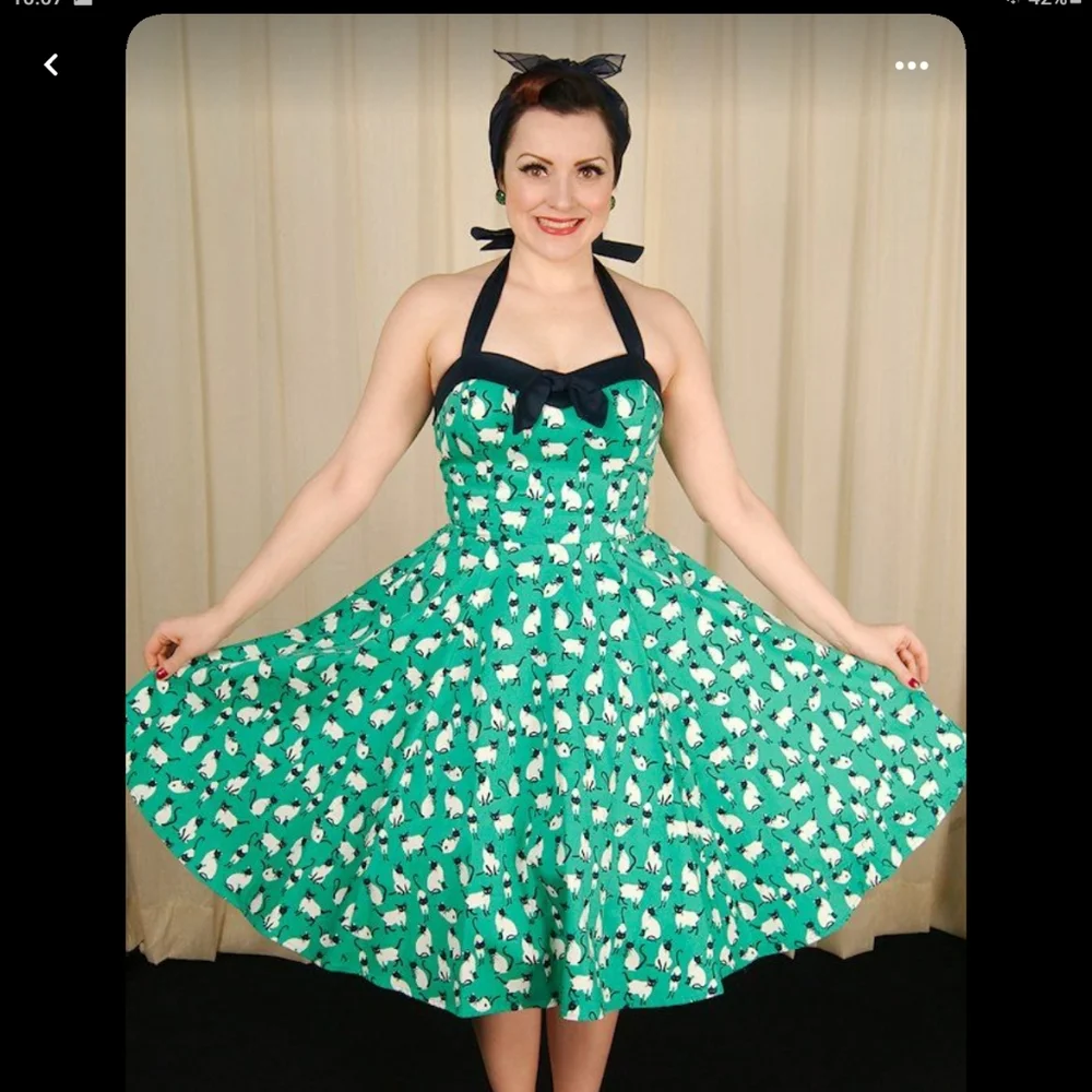 NWT Eva Rose vintage inspired rockabilly swing dress with halter cat print L - Picture 3 of 16